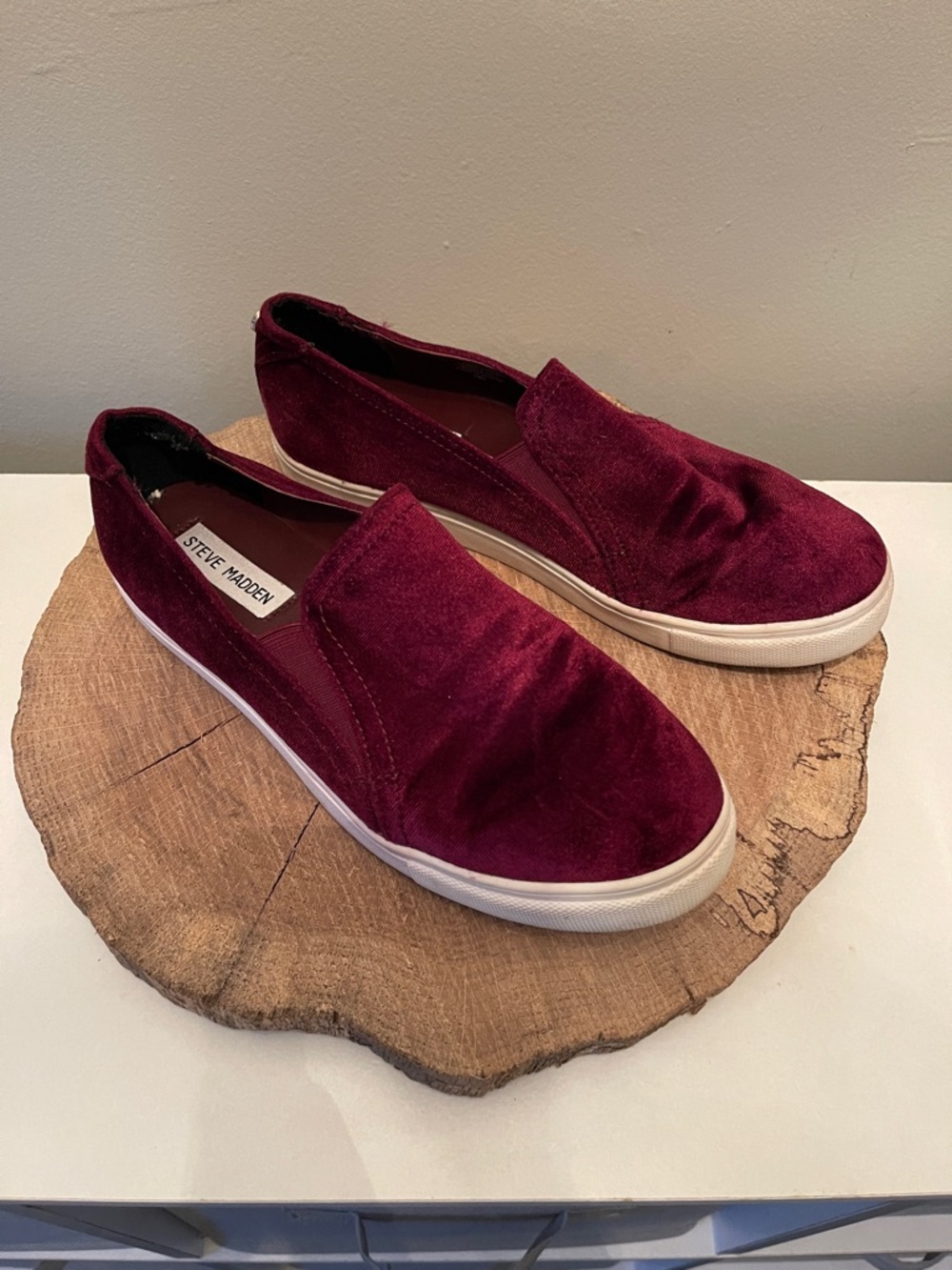 Steve Madden Burgundy Velvet Slip-On Mules with White Sole